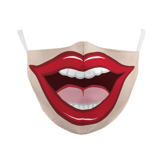 Beige double-layer dust mask with ear hooks, featuring a digital print of a wide, creepy smile with white teeth and red gums. - Image 13