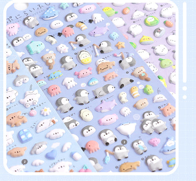 Six sheets of cartoon animal foam particle stickers in various colors and themes, including clouds, food, ghosts, forest animals, and penguins. - Image 6