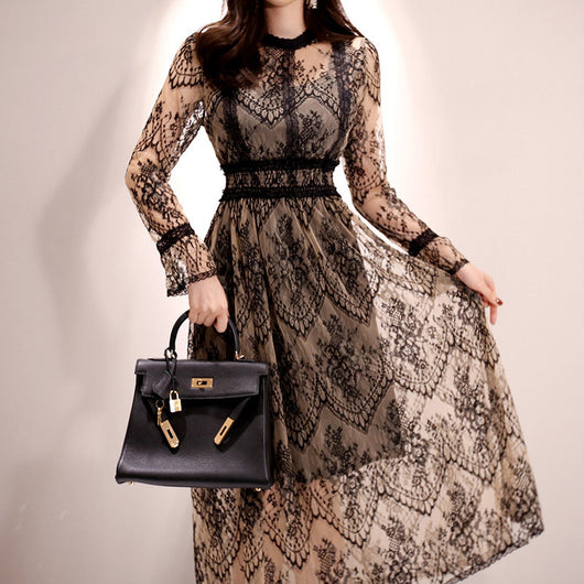 Vestido Midi Encaje Cintura Ajustada con Vuelo - Image 5