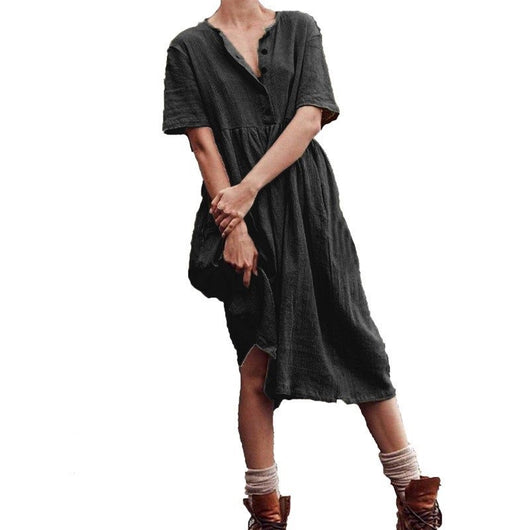 Vestido Entallado de Algodón y Lino con Manga Corta y Falda Amplia - Image 10