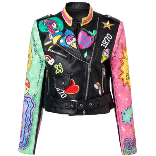Chaqueta de Cuero Cropped Bicolor Tendencia Urbana para Mujer