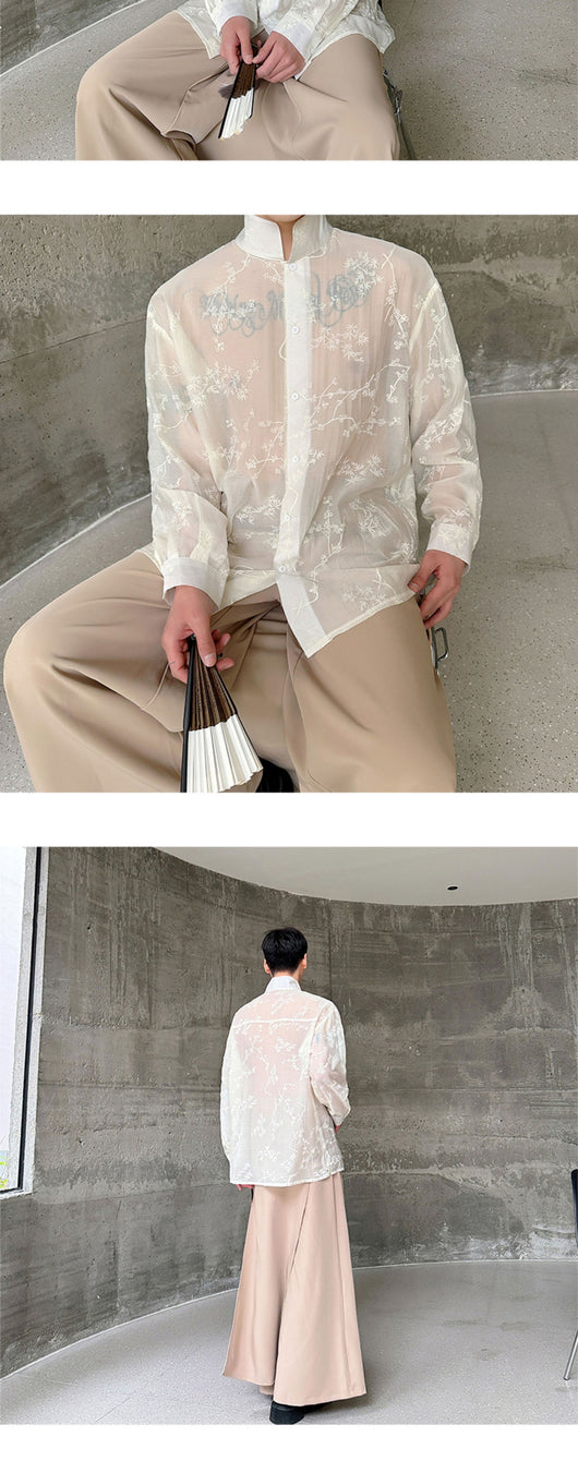 Camisa Manga Larga Cuello Mao con Diseño Floral 3D Semitransparente - Image 9