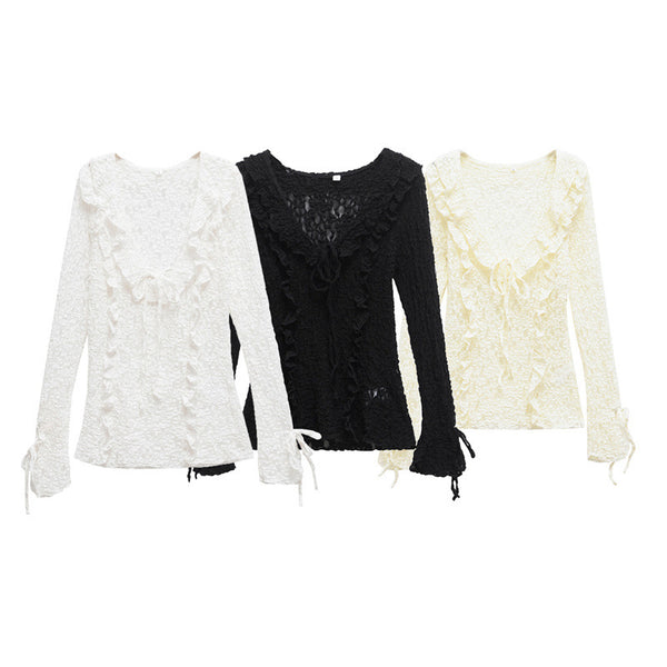 Blusa Ajustada de Encaje con Mangas Largas para Primavera y Verano