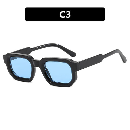 Black square-frame sunglasses with thick, angular frames and dark blue lenses, shown on a white background. - Image 8