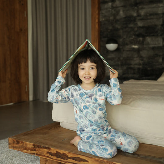 Bamboo cotton knitted parent-child pajama set with a pumpkin print long-sleeve top and solid light blue-grey pants. - Image 3