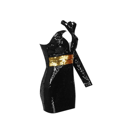 Vestido Envolvente de Lentejuelas con Hombro Descubierto y Manga Larga - Image 3