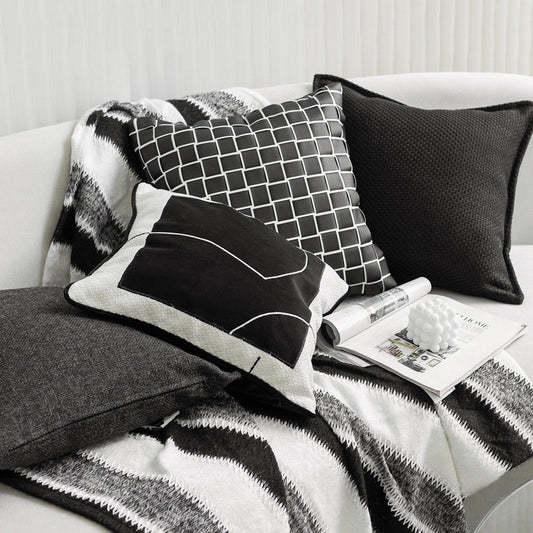 Cojín de Sofá de Algodón y Lino Tejido - Diseño Moderno Blanco y Negro