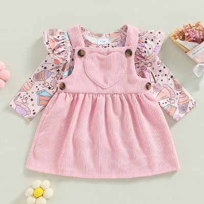 Conjunto Infantil Falda Peto con Top Estampado y Romper Triangular en Pana