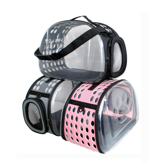 Gray and black pet carrier with a clear bubble window featuring paw prints and a mesh side for ventilation. - Image 2