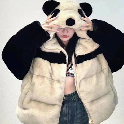Chaqueta Acolchada Vintage Panda Suelta con Capucha para Mujer