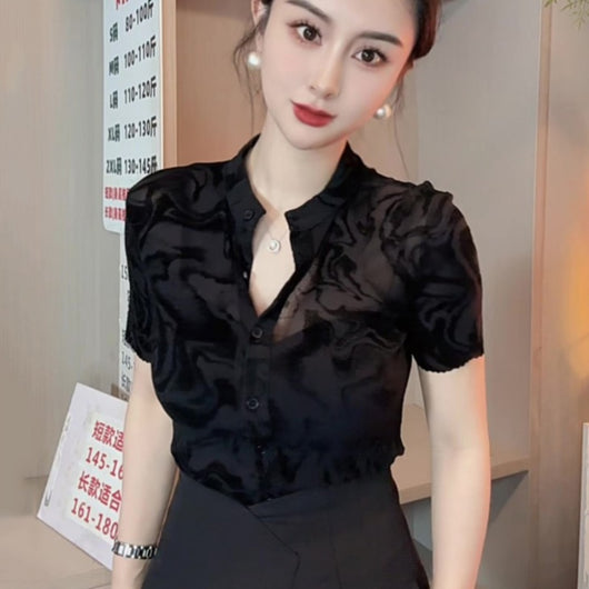 Blusa Negra de Malla Manga Corta para Mujer - Estilo Verano