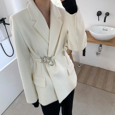 Blazer de Lana Blanco Mujer Corte Holgado Diseño Nicho Temperamento Sofisticado - Image 8