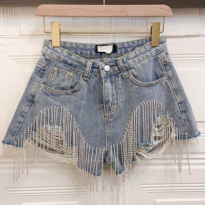 Short Jeans Cintura Alta Slim con Flecos y Abalorios Estilo Europeo - Image 10