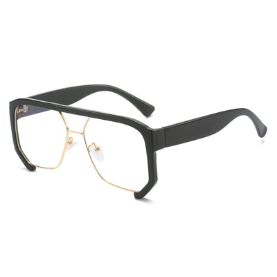 Black frame large rim hip hop sunglasses with gradient purple lenses and a gold-tone double bridge. - Image 3