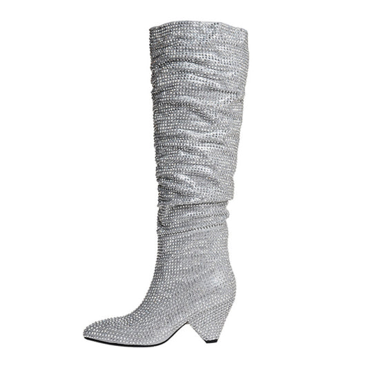 Botas Altas de Tacón Cónico con Cristales de Plata para Mujer - Image 2