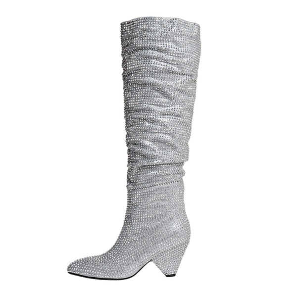 Botas Altas de Tacón Cónico con Cristales de Plata para Mujer