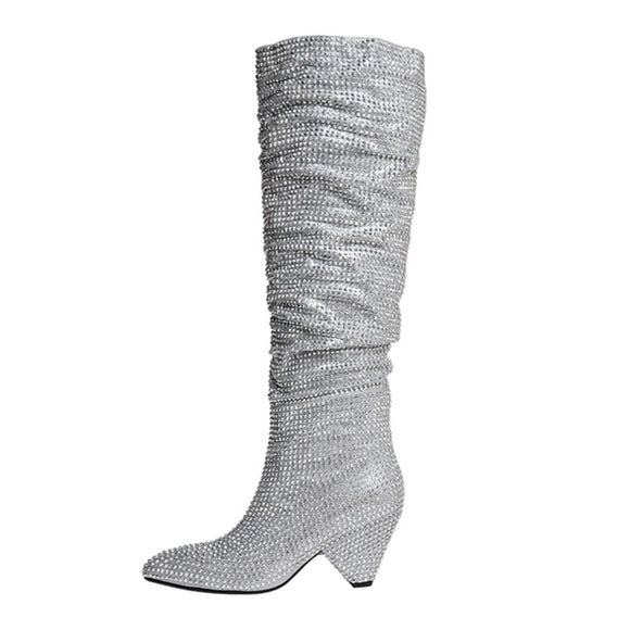 Botas Altas de Tacón Cónico con Cristales de Plata para Mujer