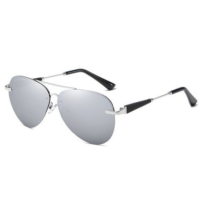 Classic rimless aviator sunglasses with black metal frames and dark black-gray polarized lenses on a white background. - Image 16