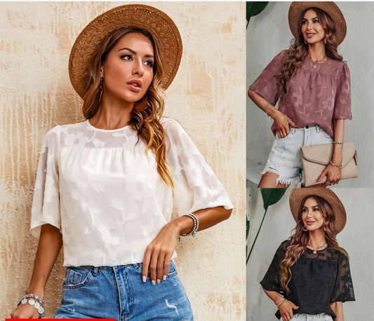 Blusa de Cuello Redondo Color Sólido Primavera Verano