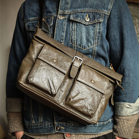 Bolso Bandolera de Cuero para Hombre con Múltiples Bolsillos