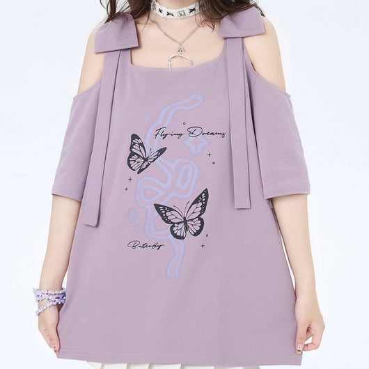 Blusa Hombros Descubiertos con Lazo Estampado Manga Corta