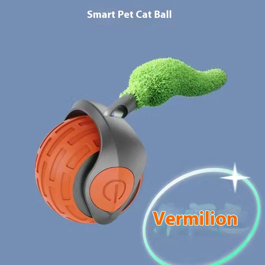 Blue and grey pet toy ball with a green textured tail for cats, shown on a blue background. - Image 8