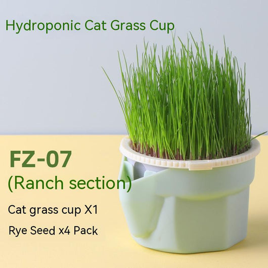 Mint green hydroponic cat grass cup with fresh rye and wheat grass, including 3 packs of each seed type. - Image 3