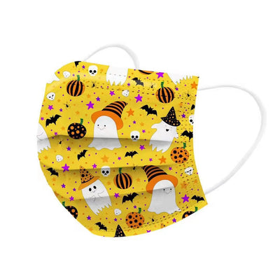 White disposable face mask with a Halloween print featuring orange jack-o'-lanterns, black cats, spiders, and "BOO". - Image 10