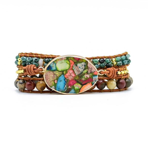 Pulsera de Cuero Natural con Piedras de Colores Combinados