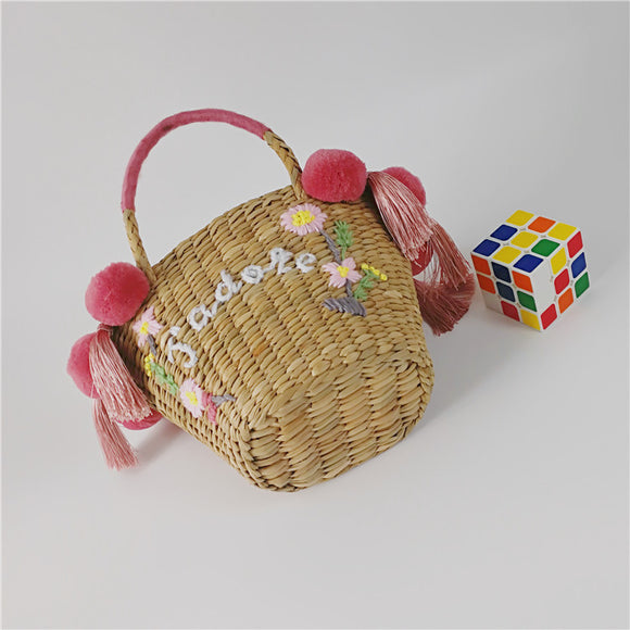 Bolsa de Paja Bordada con Detalles de Letras y Pompones para Mujer