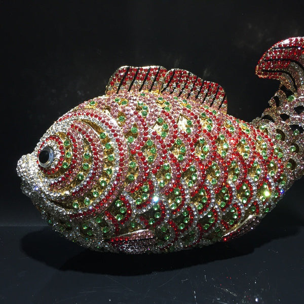 Clutch Dorado con Peces de Diamantes - Diseño Artesanal Elegante para Mujer
