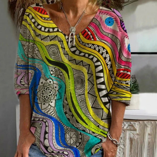 Blusa Suelta con Estampado Geométrico y Cuello en V