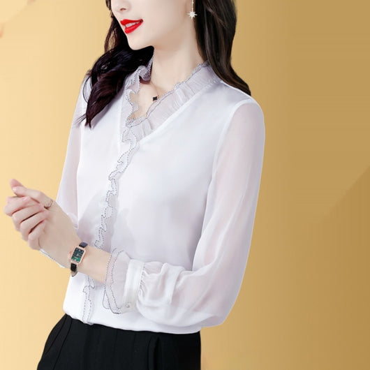 Blusa Elegante de Chifón Liso con Manga Larga para Mujer - Image 7