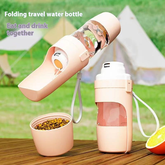 White 2-in-1 travel dog water bottle and food dispenser with a clear compartment and gray lanyard for pets. - Image 8