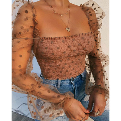 Blusa Elegante de Malla con Mangas Abullonadas y Hombros Descubiertos - Image 11