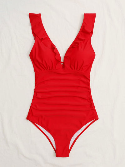 White one-piece swimsuit with a deep V-neck and ruffled shoulder straps, featuring a solid pure color design. - Image 19