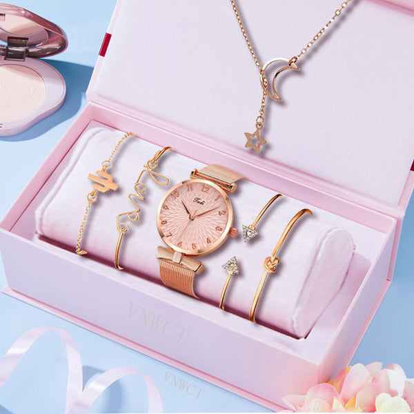 Set de Regalo Elegante: Reloj Cuarzo Malla Dorada + 5 Pulseras para Mujer