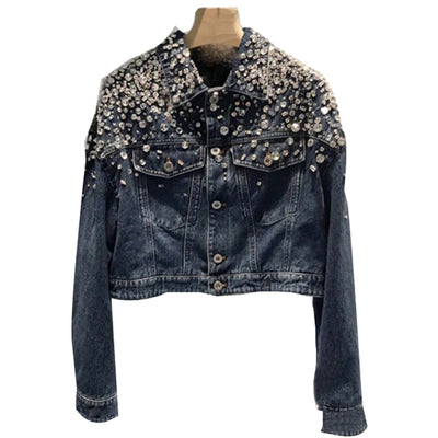 Chaqueta Denim Suelta con Cuentas y Diamantes de Manga Larga - Image 11