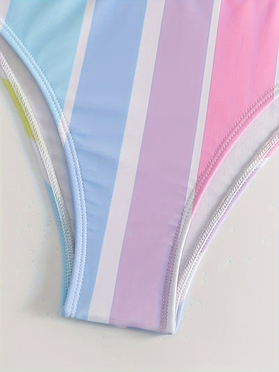 Women's pastel rainbow striped bikini with a sports top and high-waisted bottom, featuring decorative trim. - Image 3
