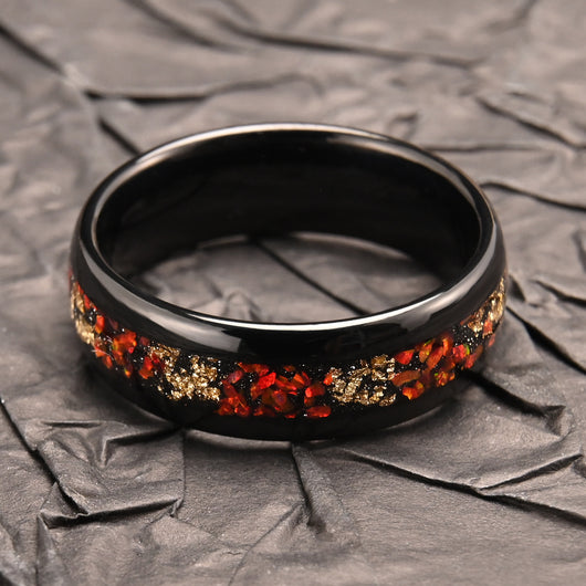 Anillo de Ópalo Rojo con Incrustaciones Negras y Baño de Oro - Image 3