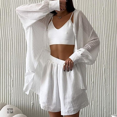 Conjunto de Dos Piezas: Blusa Texturizada Manga Larga y Shorts Casuales para Verano - Image 14