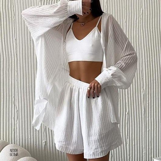 Conjunto de Dos Piezas: Blusa Texturizada Manga Larga y Shorts Casuales para Verano - Image 14