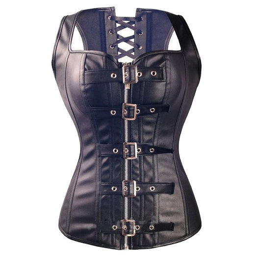 Corsé Steampunk Negro de Cuero Sintético Overbust - Image 8