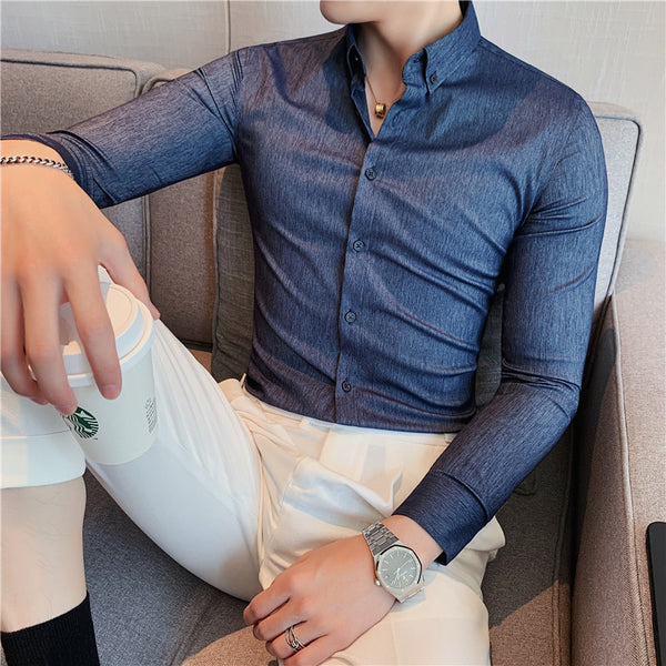 Camisa de Negocios Slim Fit con Rayas Oscuras