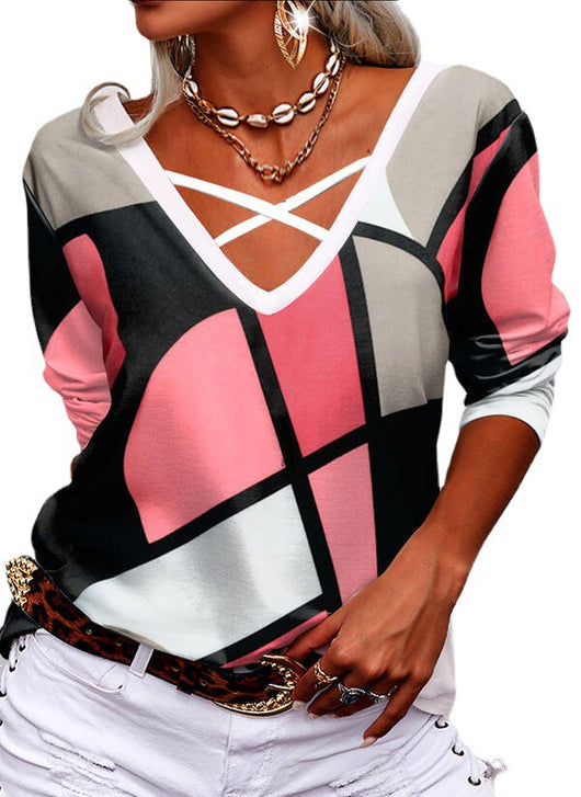 Blusa Suelta de Cuello V Manga Larga con Estampado Geométrico - Image 6