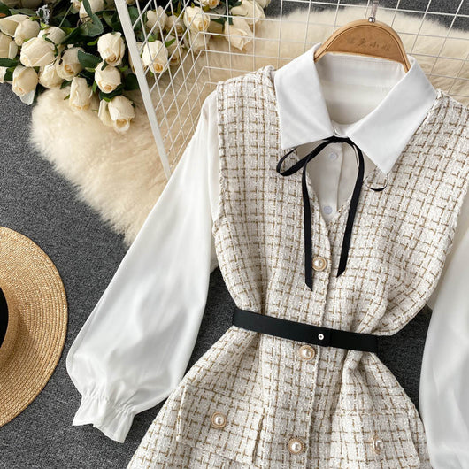 Vestido Houndstooth con Tirantes y Mangas Puff - Image 30
