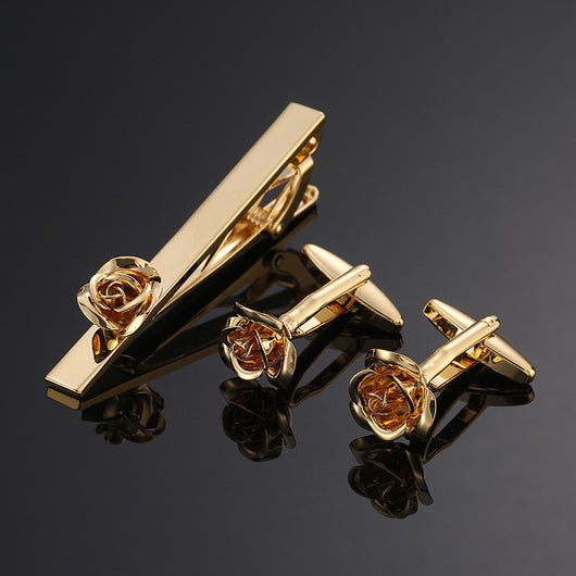 Juego de Clips de Corbata y Gemelos con Cristales Negros y Patrón Floral Esmaltado en Oro y Plata - Image 25