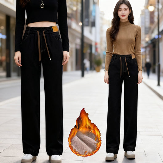 Pantalones Vaqueros Rectos de Cintura Alta con Forro Polar y Pierna Ancha - Image 8