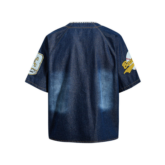 Camisa Denim Estilo Vintage Americana con Bordado Flocked - Image 4
