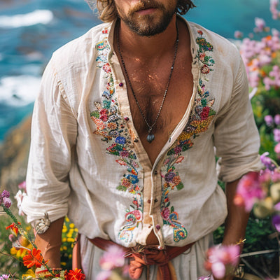 Camisa Casual Retro Hombre Cuello Abierto con Bordados
